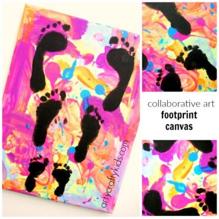 A unique art idea for kids. Siblings work together creating the canvas and add their footprints to make a special keepsake and gorgeous piece of kid art!