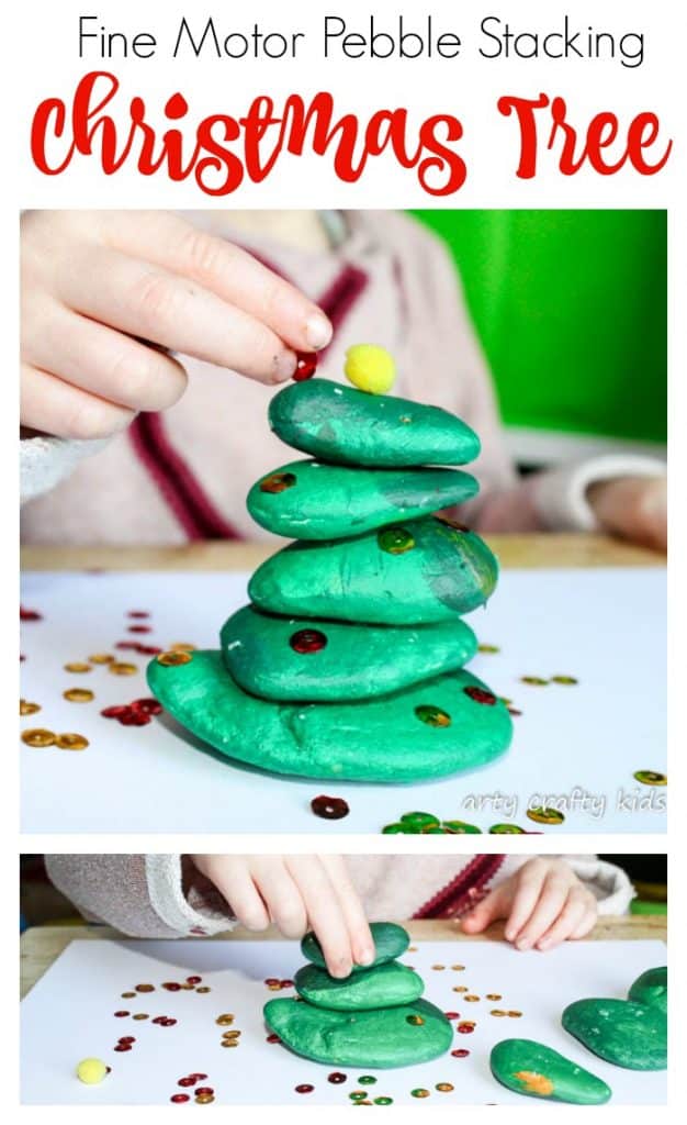 Arty Crafty Kids | Play | Fine Motor Pebble Stacking Christmas Tree | This pebble stacking fine motor Chrismas Tree activity is an awesome challenging game that encourages problem solving, hand eye-cordinaton and fine motor skills!