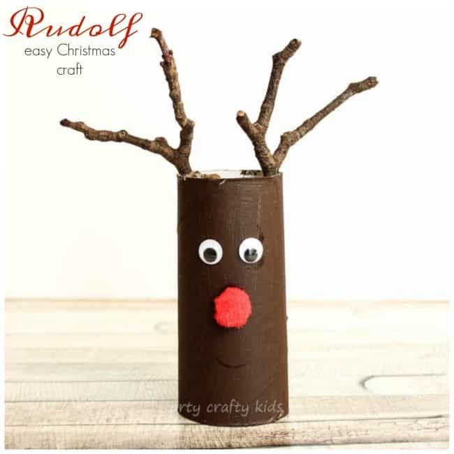 Easy Paper Tube Rudolf Christmas Craft- the perfect craft for toddlers and preschoolers! they will love using their collection of twigs to help transform their paper rolls into reindeers.