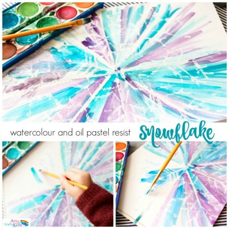 Watercolour and Oil Pastel Resist Snowflake Kids Art - This watercolour and oil pastel resist Snowflake art idea for kids is perfect for the Winter season. Children will love discovering the secret snowflake, while playing with and mixing the watercolour paints to create a pretty Winter scene.