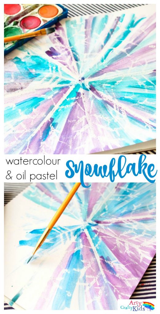 Watercolour and Oil Pastel Resist Snowflake Kids Art - This watercolour and oil pastel resist Snowflake art idea for kids is perfect for the Winter season. Children will love discovering the secret snowflake, while playing with and mixing the watercolour paints to create a pretty Winter scene.