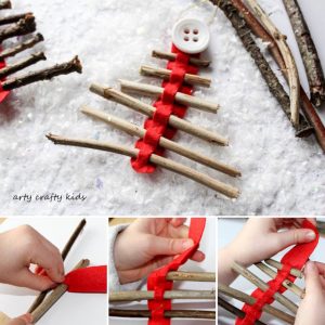 Arty Crafty Kids | Seasonal | Twig Christmas Tree Ornament | Our rustic Twig Christmas Tree Ornament is kid-made and inspired by Julia Donaldson's Stick Man. An easy Christmas craft for kids, that's great fine motor practice.