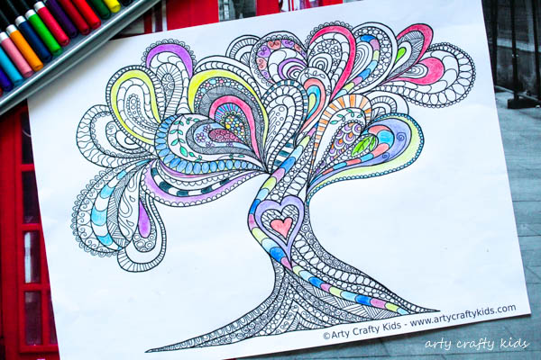 Arty Crafty Kids | Coloring Page | Valentines Love Tree Coloring Page | Beautiful Valentines Tree of Love Coloring Page for adults, filled with detailed flowing hearts