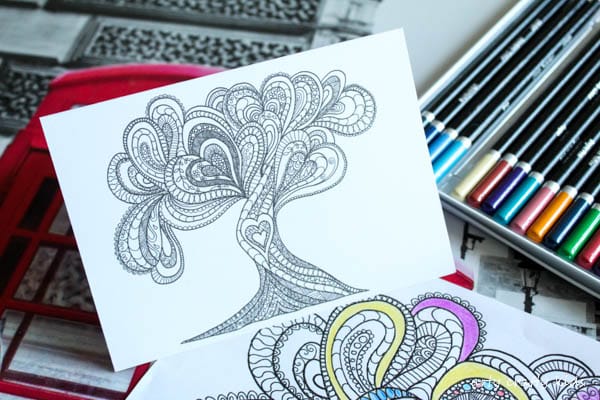 Arty Crafty Kids | Coloring Page | Valentines Love Tree Coloring Page | Beautiful Valentines Tree of Love Coloring Page for adults, filled with detailed flowing hearts