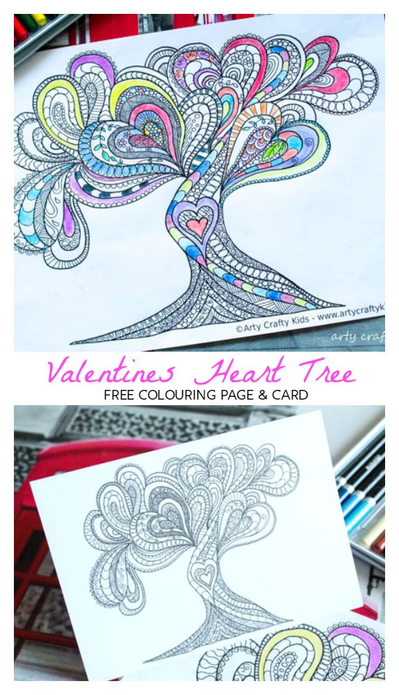 Arty Crafty Kids | Coloring Page | Valentines Love Tree Coloring Page | Beautiful Valentines Tree of Love Coloring Page for adults, filled with detailed flowing hearts