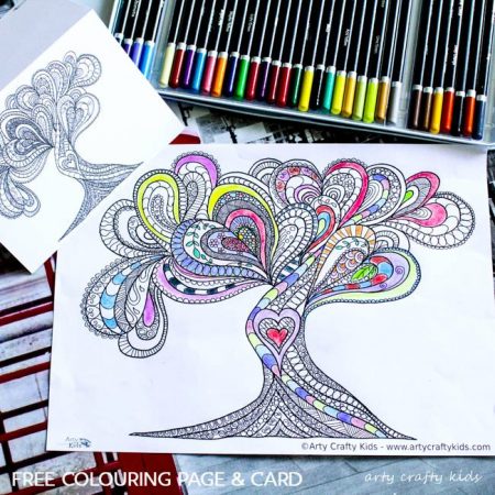 Arty Crafty Kids | Coloring Page | Valentines Love Tree | Beautiful Valentines Tree of Love Coloring Page for adults, filled with detailed flowing hearts
