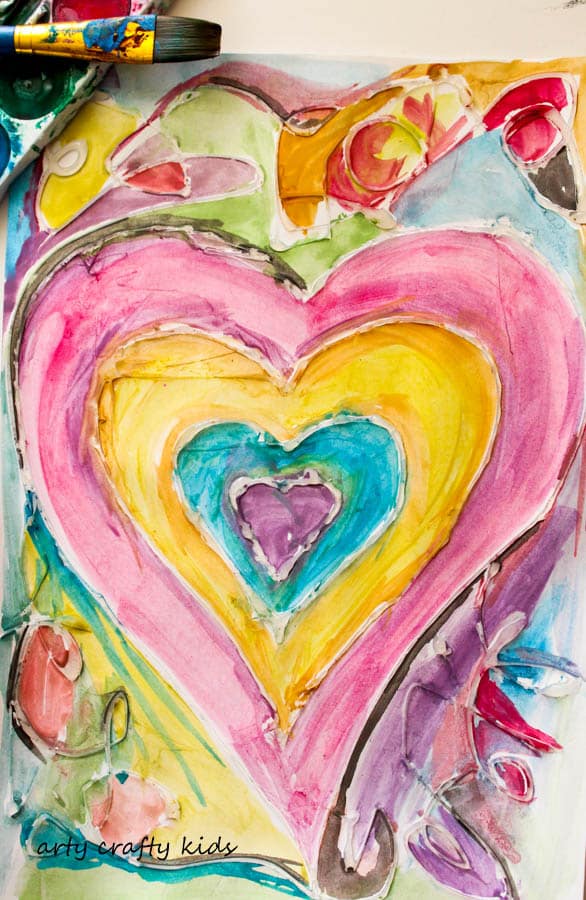 Arty Crafty Kids | Valentine's | Watercolour and Glue Heart Painting for Kids | A beautiful, unique and easy Heart art project for kids that's perfect for Valentine's Day.