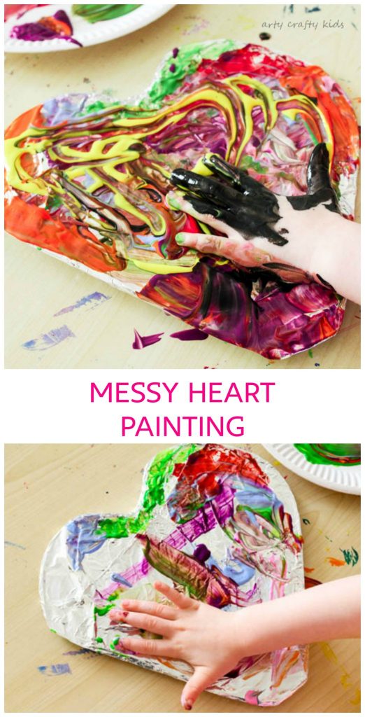 Arty Crafty Kids | Art | Messy Heart Painting | An amazing hands-on sensory art session for kids to explore texture and colour mixing. Super fun and easy art ideafor kids, with a set-up tine of less than 5 minutes!