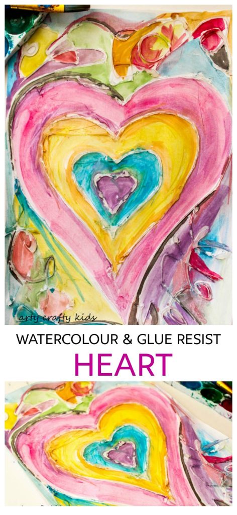 Arty Crafty Kids | Art | Watercolour and Glue Resist Heart Painting | Valentine's | Watercolour and Glue Heart Painting for Kids | A beautiful, unique and easy Heart art project for kids that's perfect for Valentine's Day.