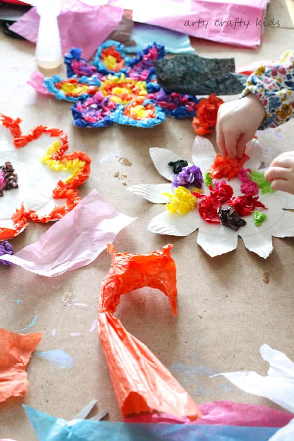 Arty Crafty Kids | Craft |Colourful Spring Paper Plate Flower Craft | A fun and simple Spring craft for kids. Toddlers and preschoolers will love the process of tearing, scrunching and sticking to make pretty paper plate flowers.