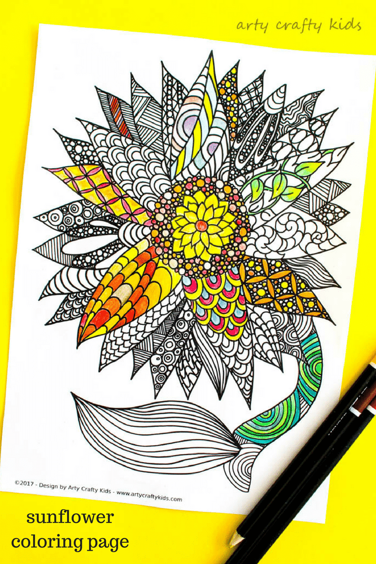 Arty Crafty Kids | Coloring Pages | Sunflower Coloring Page | Beautiful and detailed sunflower coloring page for adults and kids