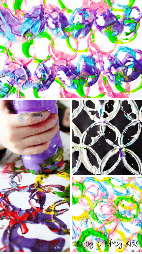 Arty Crafty Kids | Art | Kids Art Plastic Bottle Stamping | Simple art idea for kids using recycled plastic bottles, creating fun and unusual shapes and patterns.