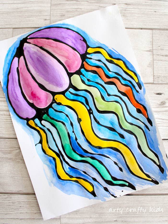 Arty Crafty Kids | Art | Black Glue Jellyfish Art | A fun under the sea art project for kids using black glue resist and watercolours to create a gorgeous Jellyfish