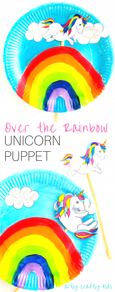 Arty Crafty Kid | Craft | Over the Rainbow Paper Plate Unicorn Puppets | Using the free Unicorn download, cut and colour to create playful puppets, who love to jump, slide and dance over the cute paper plate rainbow! A fun interactive craft and play craft idea for kids! 