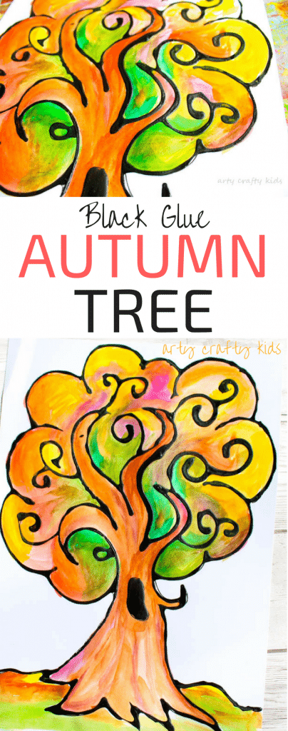 Arty Crafty Kids | Art | Autumn Crafts for Kids | Black Glue Autumn Tree Art | A beautiful Autumn art project for kids that explores autumn colors within a black glue resist medium. #Autumncraftsforkids #kidscrafts #falltrees #easyartideas