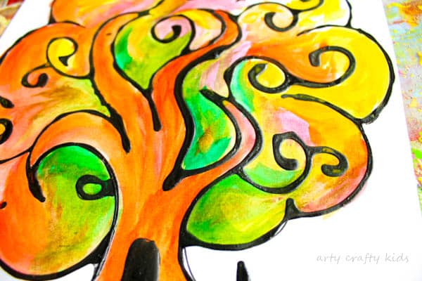Arty Crafty Kids | Art | Autumn Crafts for Kids | Black Glue Autumn Tree Art | A beautiful Autumn art project for kids that explores autumn colors within a black glue resist medium. #Autumncraftsforkids #kidscrafts #falltrees #easyartideas