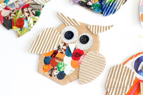 Arty Crafty Kids | Craft | Recycled Cardboard Owl Craft for Kids | A fun way to resuse cardboard and maagzines to create playful owls. A perfect kids craft for Autumn #kidscraft #easycraftsforkids #Preschoolcrafts