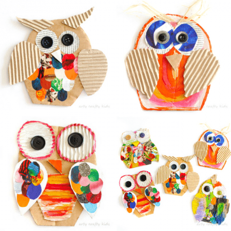 Arty Crafty Kids | Craft | Recycled Cardboard Owl Craft for Kids | A fun way to resuse cardboard and maagzines to create playful owls. A perfect kids craft for Autumn #kidscraft #easycraftsforkids #Preschoolcrafts