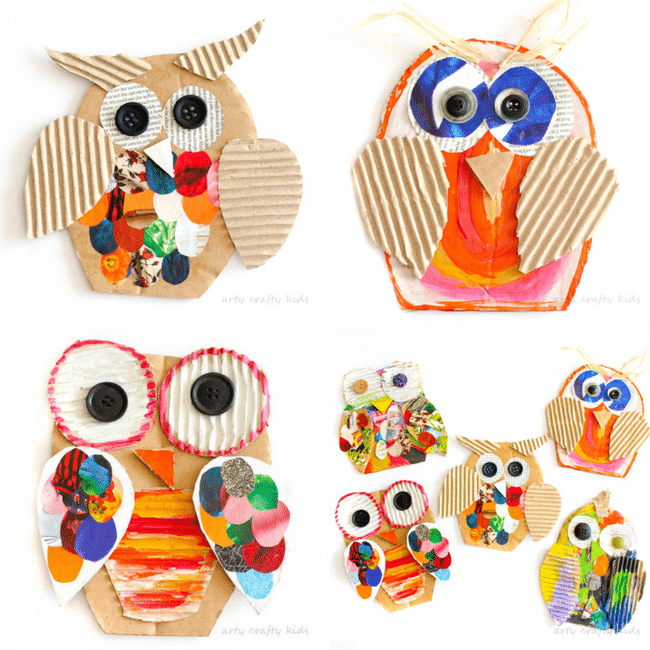 Arty Crafty Kids | Craft | Recycled Cardboard Owl Craft for Kids | A fun way to resuse cardboard and maagzines to create playful owls. A perfect kids craft for Autumn #kidscraft #easycraftsforkids #Preschoolcrafts