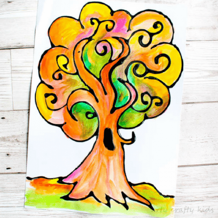 Arty Crafty Kids | Art | Autumn Crafts for Kids | Black Glue Autumn Tree | A beautiful Autumn art project for kids that explores autumn colors within a black glue resist medium. #Autumncraftsforkids #kidscrafts #falltrees #easyartideas