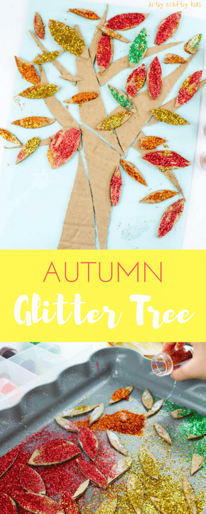 Arty Crafty Kids | Craft | Cardboard Autumn Glitter Tree | A colourful Autumn tree craft using cut up recycled cardboard to assemble a tree. Great fine motor activity for young children!