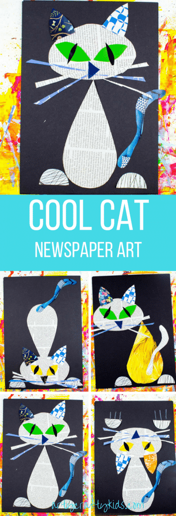 Arty Crafty Kids | Art | Cool Cat Newspaper Art Project for Kids | A fun recycled cat art project using recycled newspaper and magazines. With the help of a free template kids can make a cat that can strike multiple cool poses!