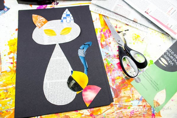 Arty Crafty Kids | Art | Cool Cat Newspaper Art Project for Kids | A fun recycled cat art project using recycled newspaper and magazines. With the help of a free template kids can make a cat that can strike multiple cool poses!