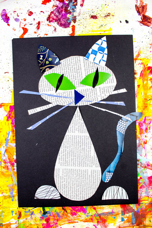 Arty Crafty Kids | Art | Cool Cat Newspaper Art Project for Kids | A fun recycled cat art project using recycled newspaper and magazines. With the help of a free template kids can make a cat that can strike multiple cool poses!