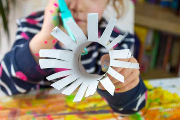 Arty Crafty Kids | Art | Paper Tube Fireworks Art Project for Kids | A process led Fireworks Art Idea for Kids using recycled materials to create firework backdrops for newspaper cities, towns and landscapes. A brilliant craft for Bonfire night, New Years or 4th July Celebrations!