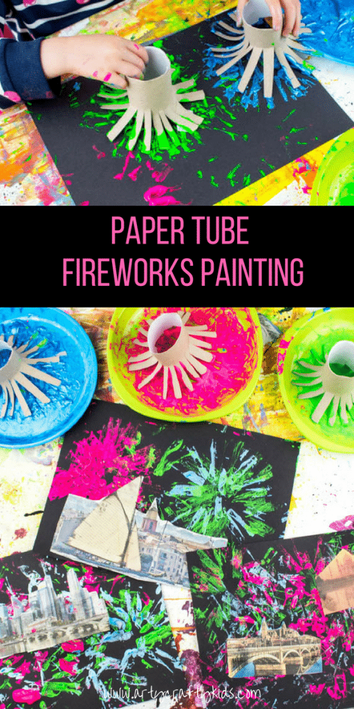 Arty Crafty Kids | Art | Paper Tube Fireworks Art Project for Kids | A process led Fireworks Art Idea for Kids using recycled materials to create firework backdrops for newspaper cities, towns and landscapes. A brilliant craft for Bonfire night, New Years or 4th July Celebrations!