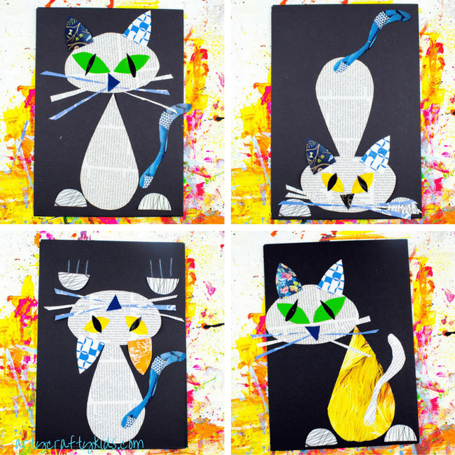 Arty Crafty Kids | Art | Cool Cat Newspaper Art for Kids | A fun recycled cat art project using recycled newspaper and magazines. With the help of a free template kids can make a cat that can strike multiple cool poses!