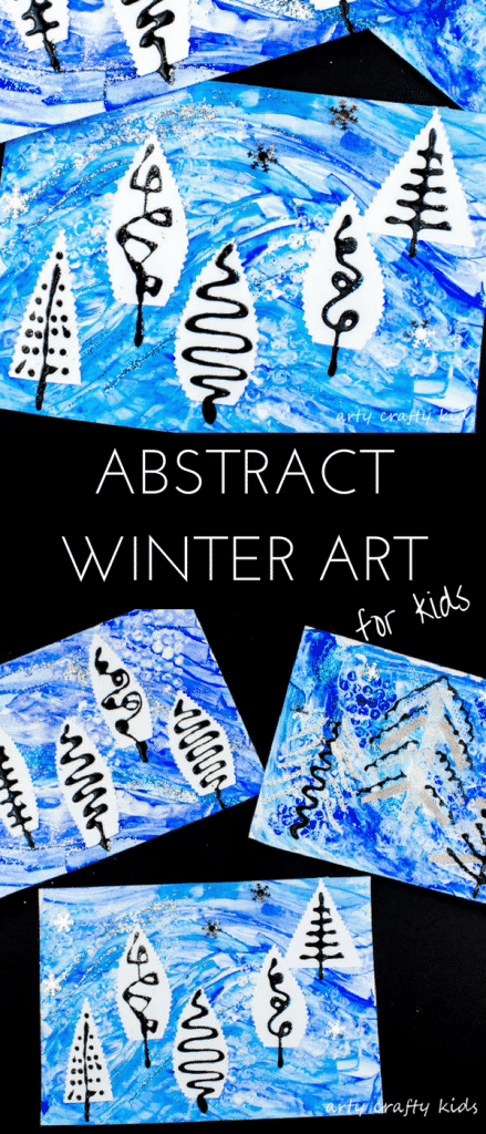 Arty Crafty Kids | Art | Winter Crafts for Kids | Abstract Winter Art for Kids - A fun painting idea using multiple mediums to create a textured Winter scene #wintercraftsforkids #wintercrafts #wintertree #artforkids