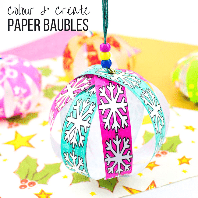 Arty Crafty Kids | Christmas Craft for Kids | Colour and Create Christmas Paper Baubles #christmasornament #christmascraft #christmasbauble #papercraft