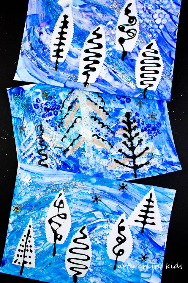 Arty Crafty Kids | Art | Winter Crafts for Kids | Abstract Winter Art for Kids - A fun painting idea using multiple mediums to create a textured Winter scene #wintercraftsforkids #wintercrafts #wintertree #artforkids