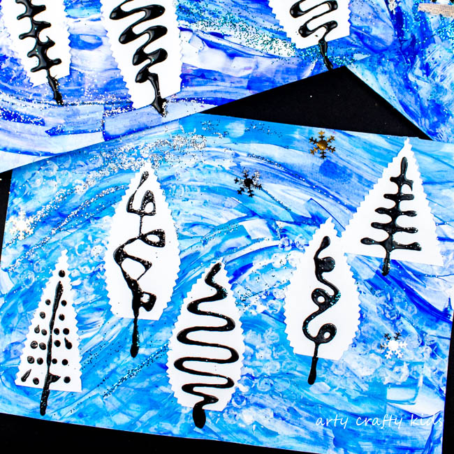 Arty Crafty Kids | Art | Winter Crafts for Kids | Abstract Winter Art for Kids - A fun painting idea using multiple mediums to create a textured Winter scene #wintercraftsforkids #wintercrafts #wintertree #artforkids