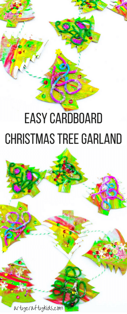 Arty Crafty Kids | Christmas Craft | Cardboard Christmas Tree Garland Craft for Kids | A process led Christmas Tree craft for kids.