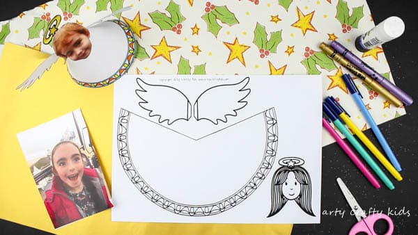 Arty Crafty Kids | Christmas Crafts for Kids | Adorable Paper Angel Christmas Ornamant for Kids, includes a free template for kids to design, colour and cut! #christmascraft #papercraft #christmascraftsforkids #christmasornament #freedownload
