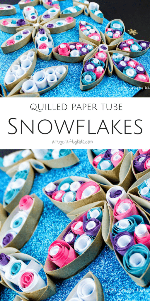 Arty Crafty Kids | Christmas Crafts for Kids | Quilled Paper Tube Snowflake Craft | A beautiful 3D Winter Art Project for Kids using paper tubes and basic quilling techniques to create stunning snowflakes! #snowflakes #christmascrafts #kidsart #christmascraftforkids