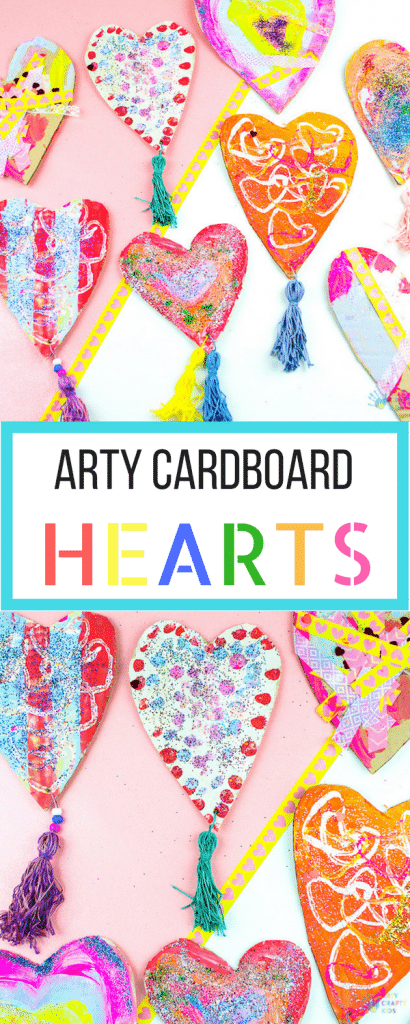 Arty Crafty Kids | Crafts for Kids | Recycled Cardboard Heart Decorations - A process led heart project for kids using recycled cardboard #hearts #kidscrafts #easycraftsforkids