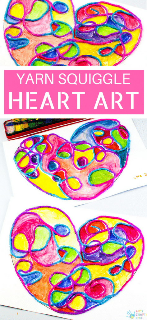 Arty Crafty Kids | Art Ideas for Kids | Yarn Squiggle Heart Art | A fun process art idea for kids, using yarn and watercolour paints to create a cute heart. A simple and fun art project for Valentine's Day! #Valentinesday #artforkids #easyartforkids