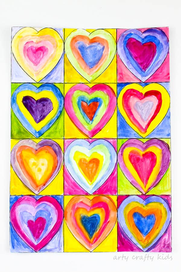 Arty Crafty Kids | Art for Kids | Kandinsky Inspired Heart Art | The final completed Kadinsky inspired heart art template with contrasting colors and painted with watercolours