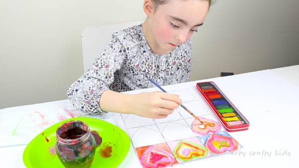 Arty Crafty Kids | Art for Kids | Kandinsky Inspired Heart Art | Each heart section of the template is used to with contrasting colours in each