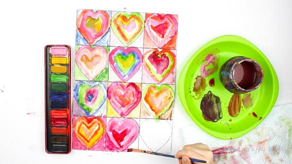 Arty Crafty Kids | Art for Kids | Kandinsky Inspired Heart Art | Each heart is nearly complete as well as the surrounding areas of the hearts