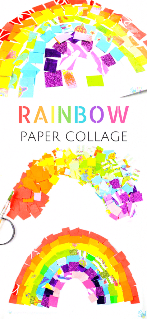 Arty Crafty Kids | Art Ideas for Kids | Rainbow Paper Collage Art Project | A fabulous rainbow paper collage activity that promotes cutting skills & colour play within a free rainbow template for kids to follow #rainbowart #preschoolart #craftsforpreschoolers #kidscrafts #scissorskills