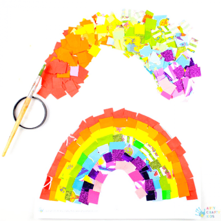 Arty Crafty Kids | Art Ideas for Kids | Rainbow Paper Collage | A fabulous rainbow paper collage activity that promotes cutting skills & colour play within a free rainbow template for kids to follow #rainbowart #preschoolart #craftsforpreschoolers #kidscrafts #scissorskills