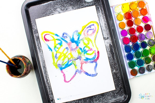 Arty Crafty Kids | Art | Butterfly Salt Painting - a magical and unusual art process for kids, that's great for exploring colour #artycraftykids #artforkids #kidsart #processart #butterflycrafts #craftsforkids #kidscrafts