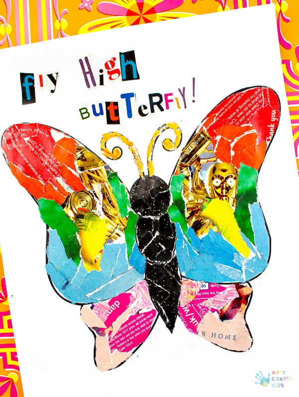Arty Crafty Kids | Art | Butterly Paper Collage - A simple activity using torn scrap paper to create a colourful, textured butterfly. A wonderful craft for kids! #artycraftykids #recycledcraft #easykidscraft #craftsforkids #kidsart #artideasforkids #easykidsactivities