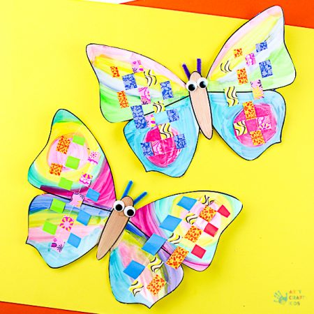 Arty Crafty Kids | Craft | Woven Paper Butterfly Craft - A sweet and simple Spring & Summer craft for kids, that's great for kids working on their fine motor skills. It's also very pretty too! #butterflycraft #kidscrafts #craftsforkids #easykidscrafts #craftideasforkids #summercrafts #springcrafts #minibeasts