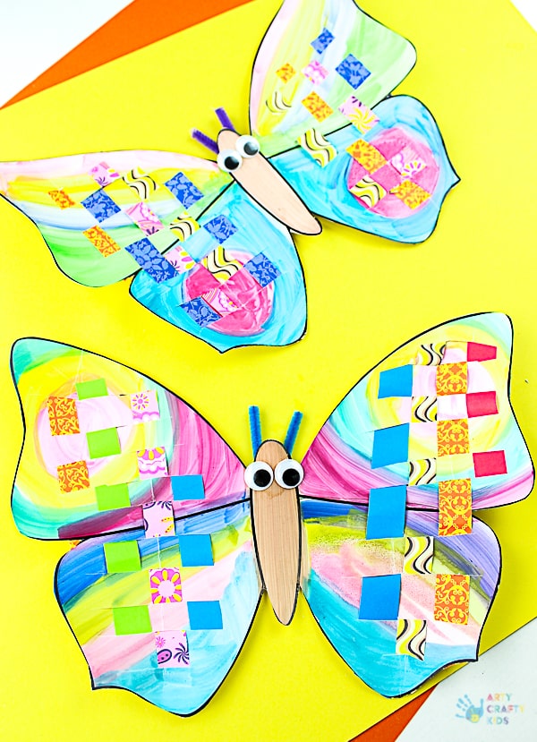 Arty Crafty Kids | Craft | Woven Paper Butterfly Craft - A sweet and simple Spring & Summer craft for kids, that's great for kids working on their fine motor skills. It's also very pretty too! #butterflycraft #kidscrafts #craftsforkids #easykidscrafts #craftideasforkids #summercrafts #springcrafts #minibeasts