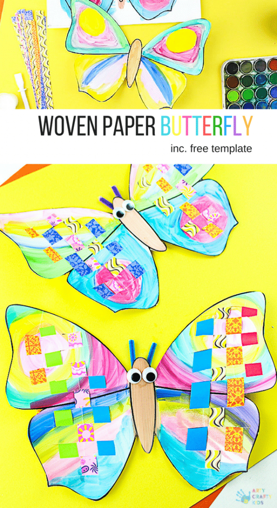 Arty Crafty Kids | Craft | Woven Paper Butterfly Craft - A sweet and simple Spring & Summer craft for kids, that's great for kids working on their fine motor skills. It's also very pretty too! #butterflycraft #kidscrafts #craftsforkids #easykidscrafts #craftideasforkids #summercrafts #springcrafts #minibeasts